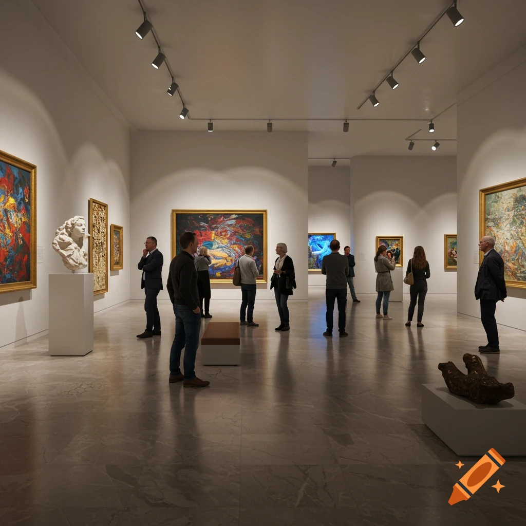 People admire various contemporary artworks in a brightly lit, spacious museum gallery.