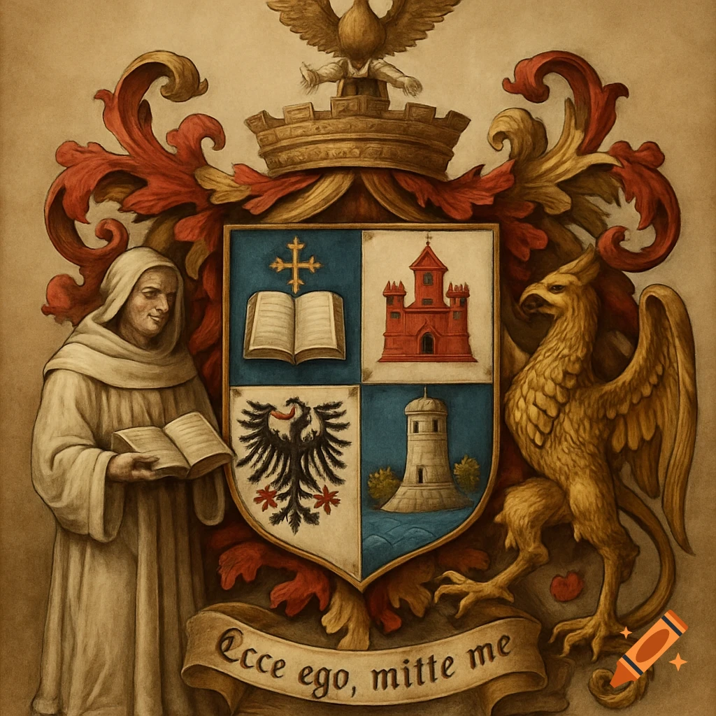 An elaborate medieval-style coat of arms with a monk, griffin, shield, and scroll displaying the motto 'Ecce ego, mitte me' in heraldic art.