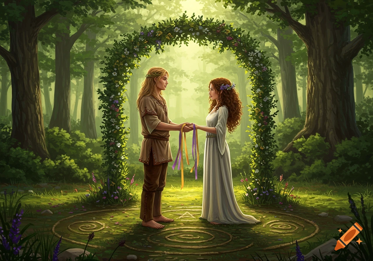 A fantasy-style illustration of a man and woman holding hands under a flower-covered arch in a sunlit forest. They stand on a spiral pattern on the grass.