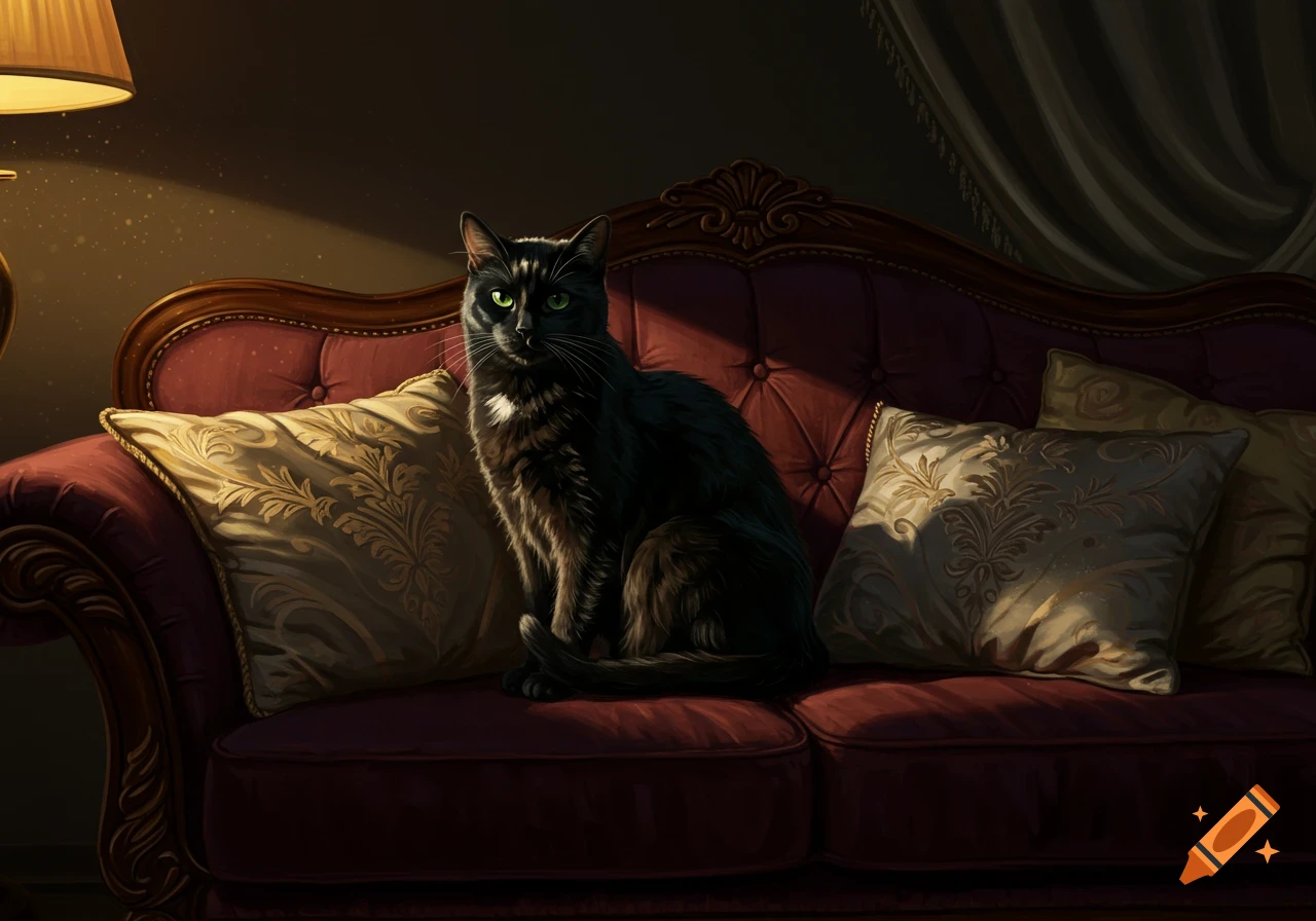 A black cat with green eyes sits on a red velvet couch with patterned pillows, bathed in warm lamplight.