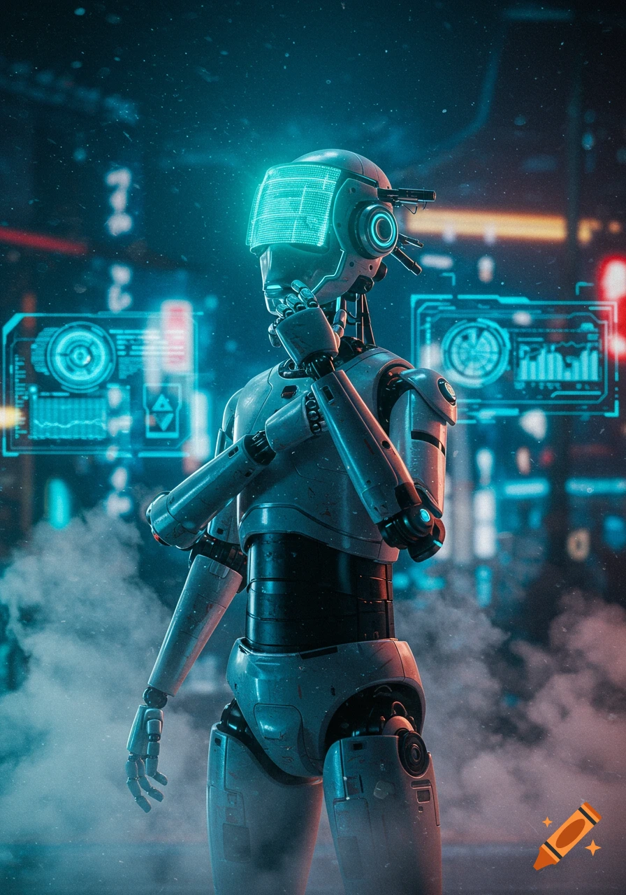 A sophisticated white robot with a glowing blue visor displaying data stands in a dark, smoky, futuristic cityscape with neon lights and holographic interfaces.