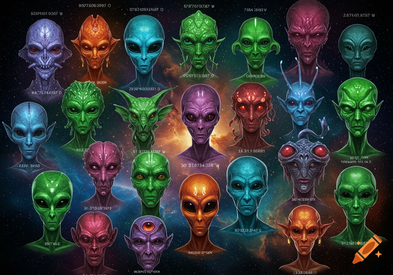 A chart displaying numerous alien faces of various colors and forms against a starry space background.