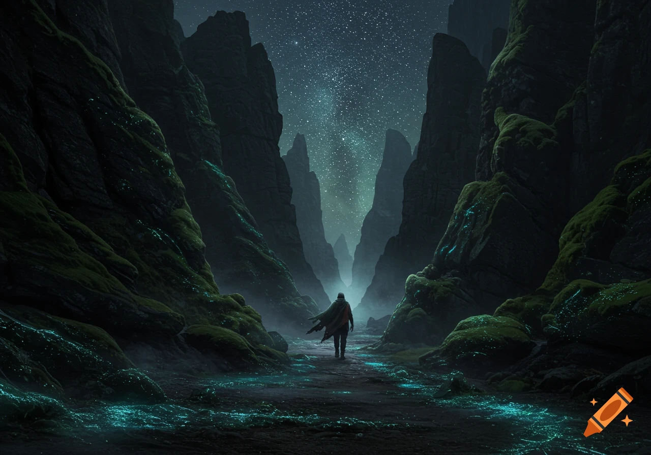 A figure walks through a dark, moss-covered valley under a starry night sky, with glowing blue light on the ground and rocks.