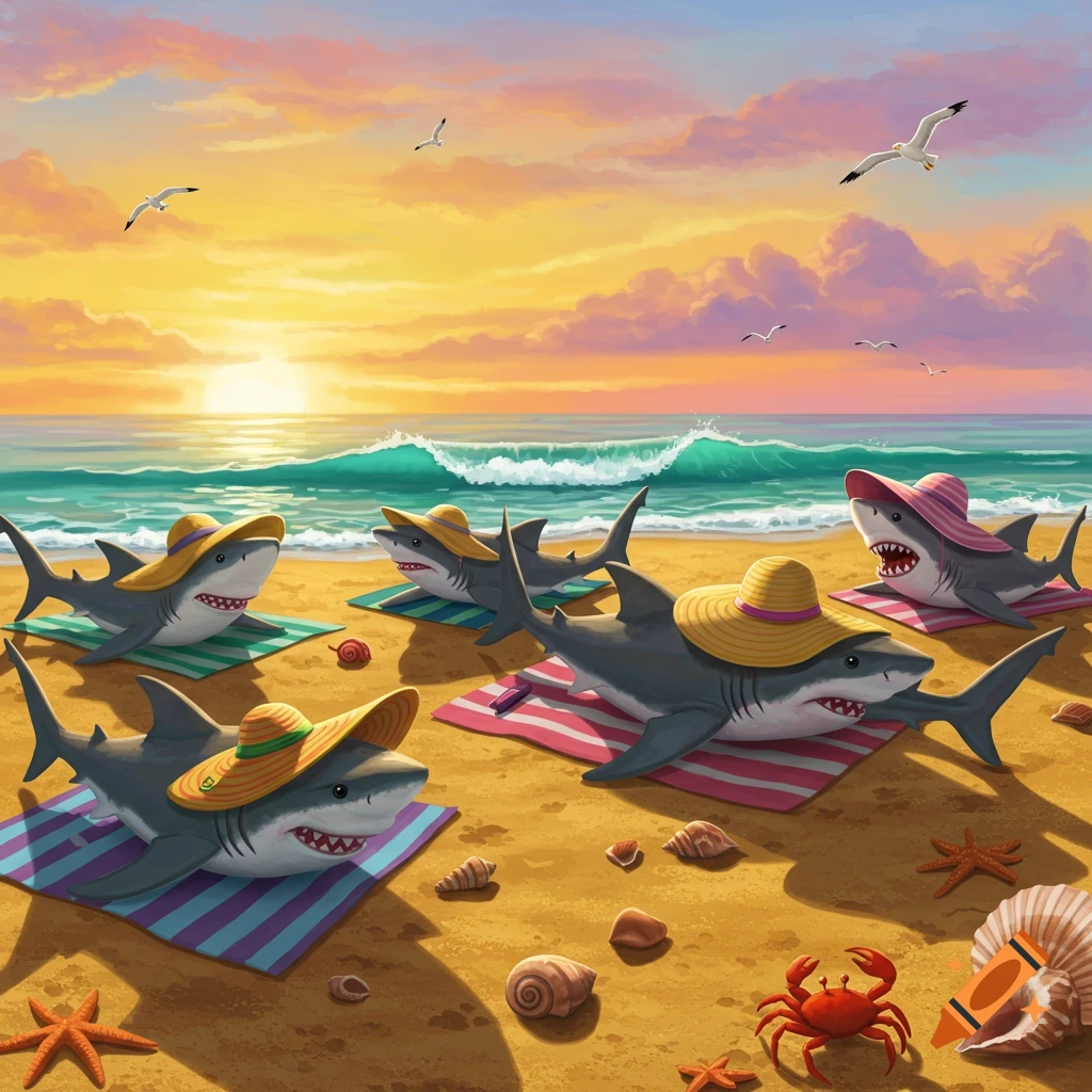 Cartoon sharks relaxing on beach towels at sunset, wearing sun hats, with seashells, starfish, and a crab on the sand.