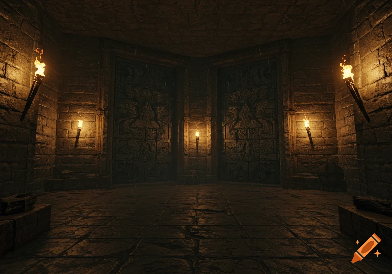 A dark, stone chamber in a medieval fantasy dungeon with two large carved doors and torches on the walls, from a first-person perspective.