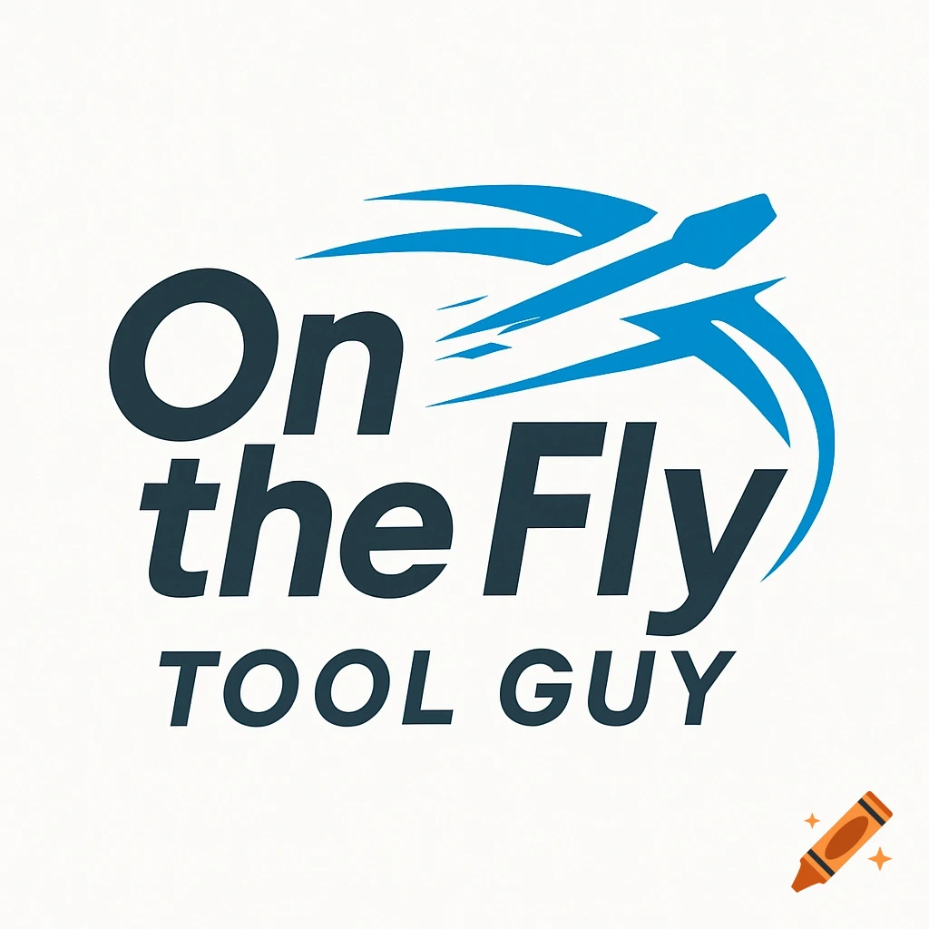 Logo for 'On the Fly Tool Guy' featuring dark text and a blue stylized airplane graphic.