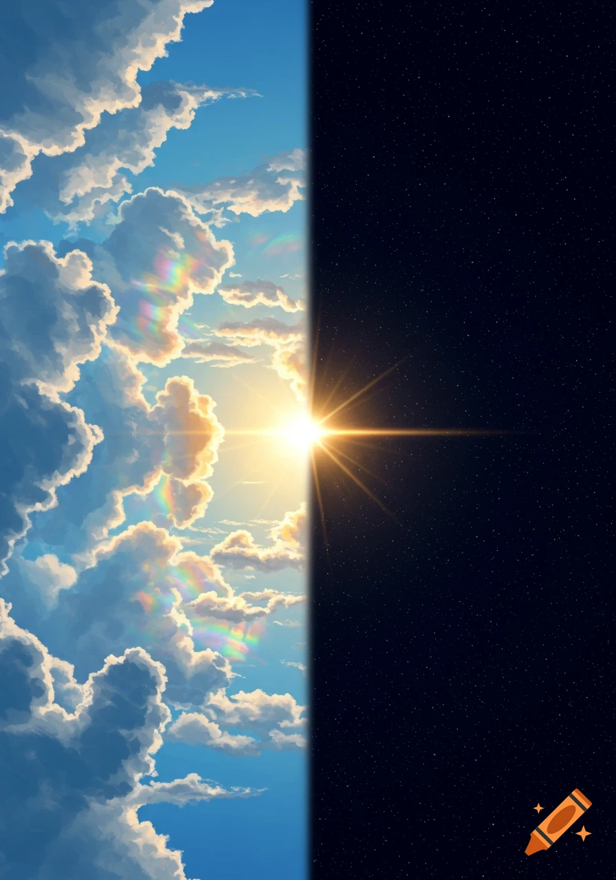 Half blue sky with clouds and sun glare, half starry dark void