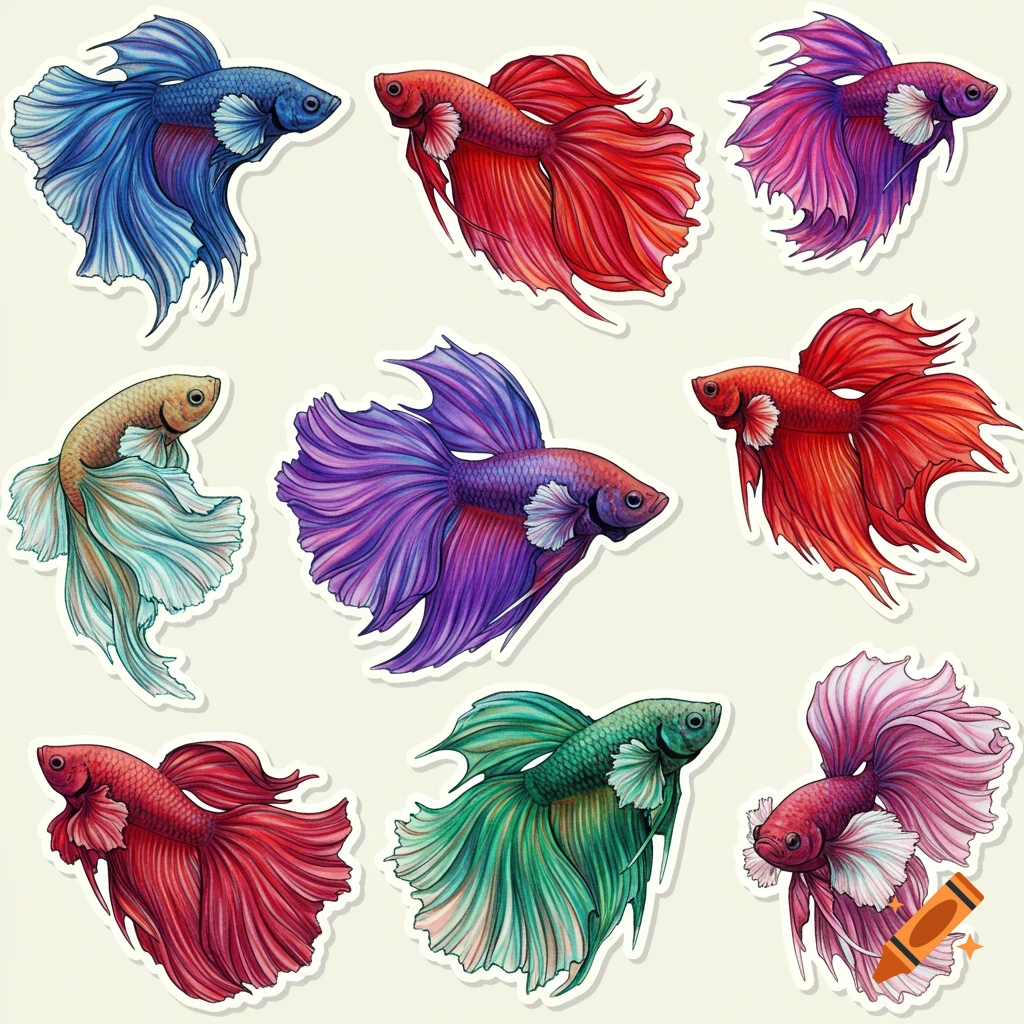 A grid of nine colorful betta fish illustrations with flowing fins, resembling stickers, on a light background.