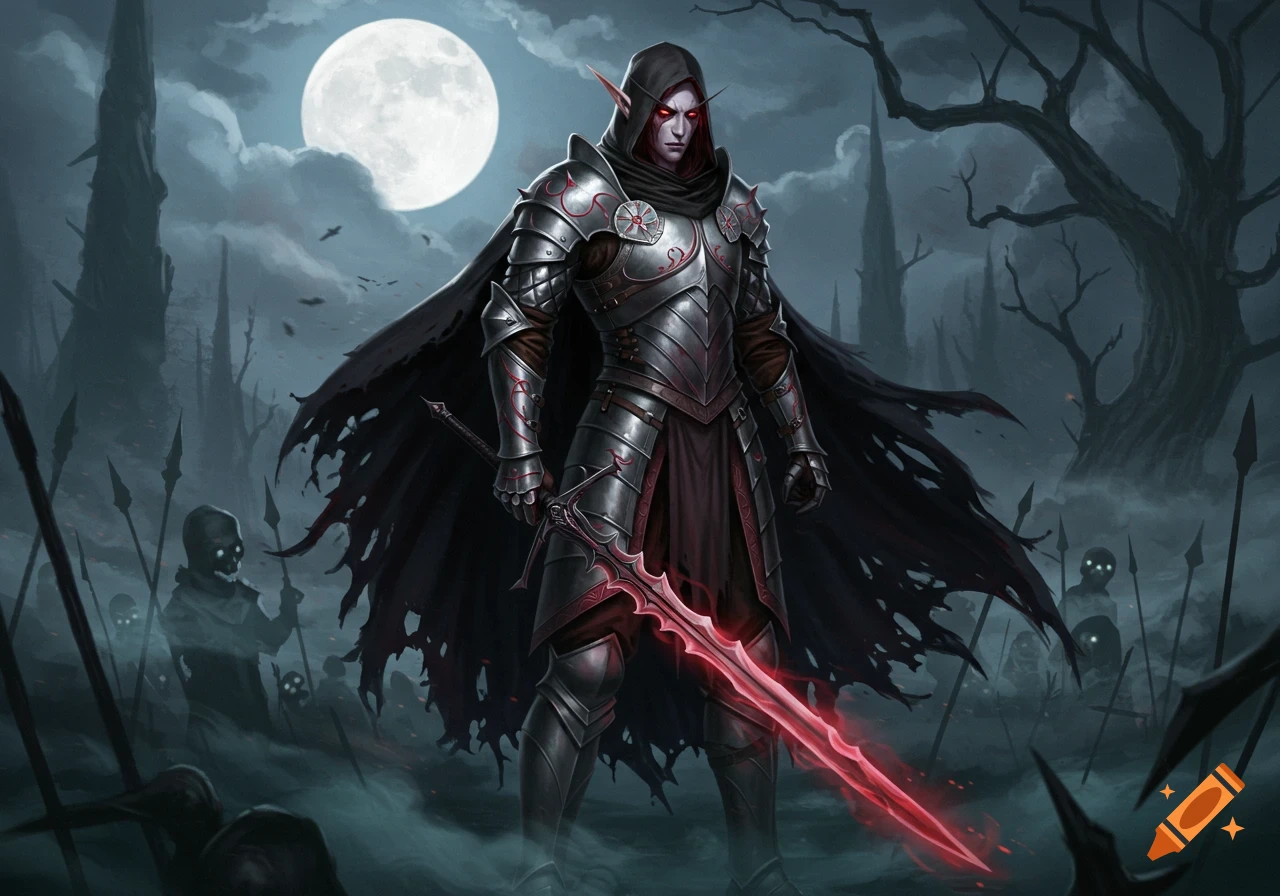 An armored elf warrior with red eyes and a glowing red sword stands under a full moon in a dark, misty landscape with shadowy figures.