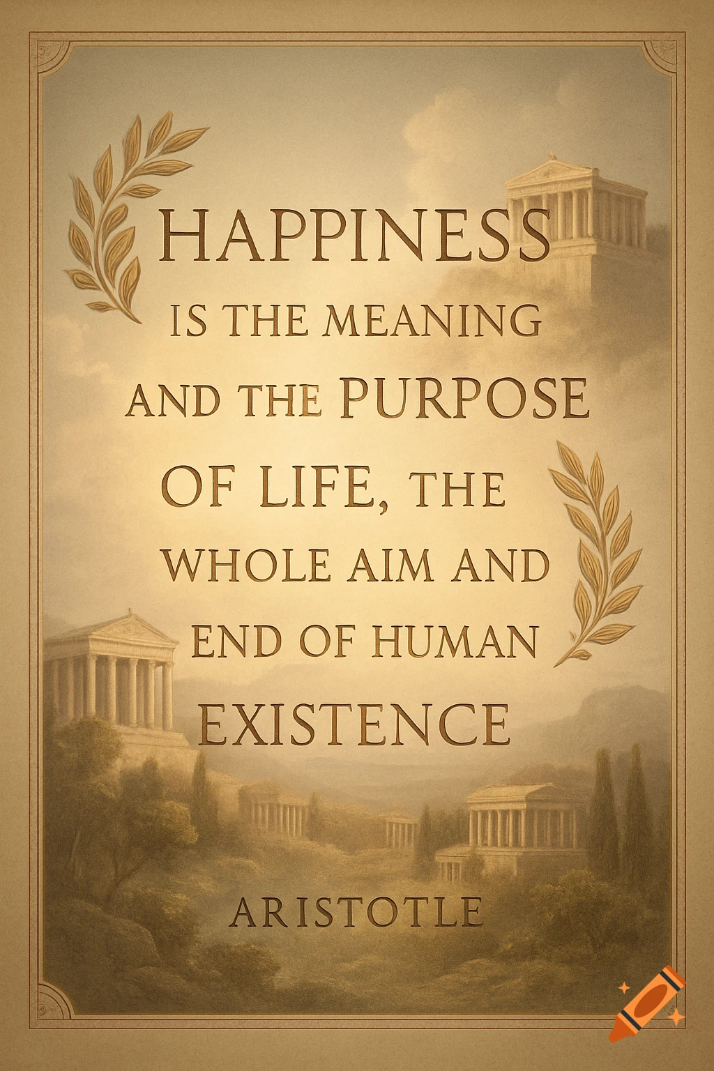 Aristotle quote on happiness against a sepia-toned classical landscape with ancient Greek temples and olive branches.