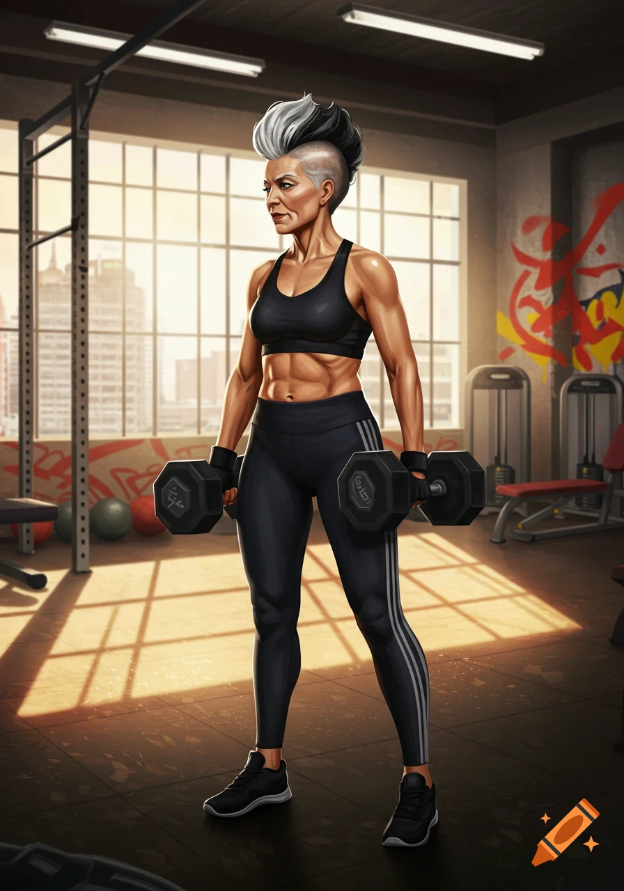 A muscular older woman with a black and grey fauxhawk stands in a gym holding dumbbells, in an illustrated style.