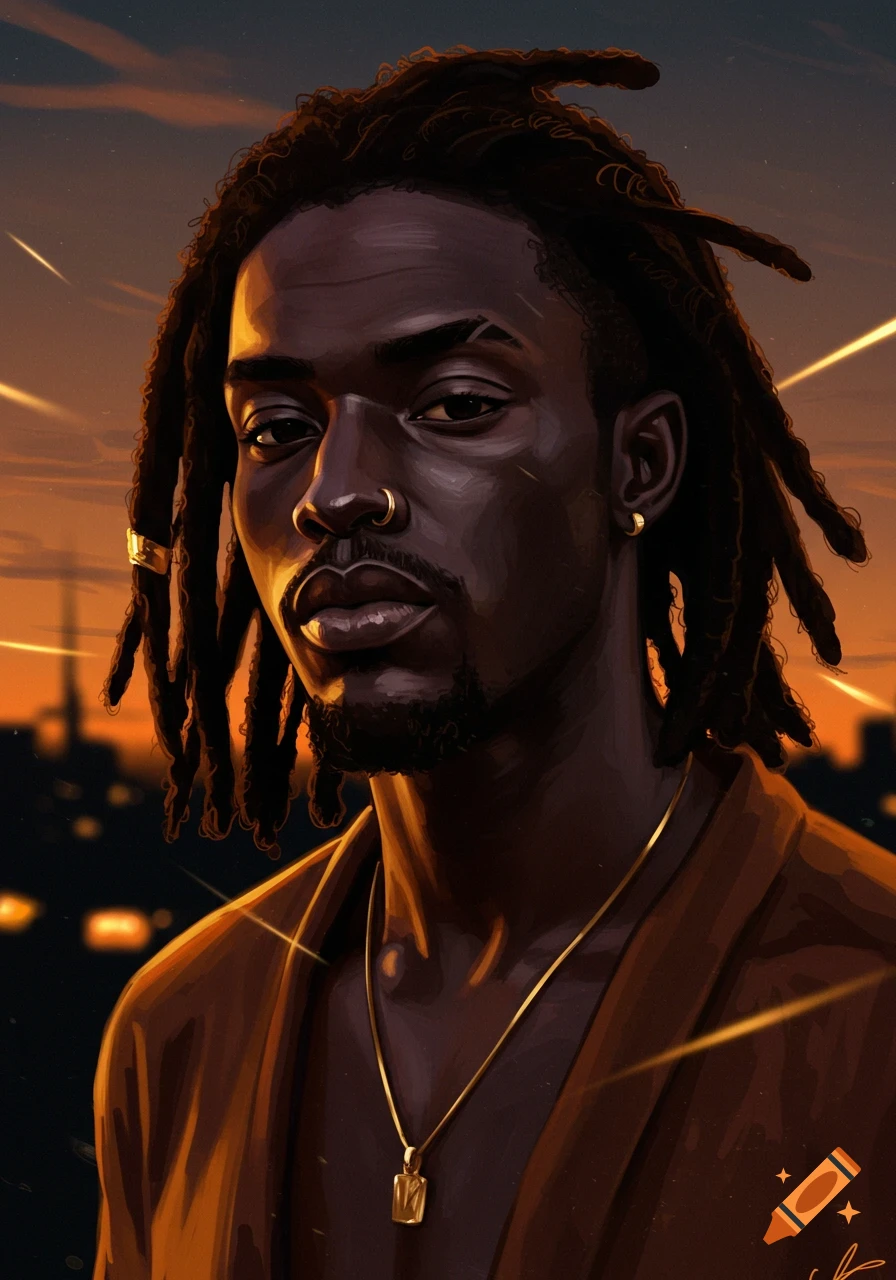 Digital art portrait of a dark-skinned man with dreadlocks, a nose ring, and a necklace, against an orange sunset sky.