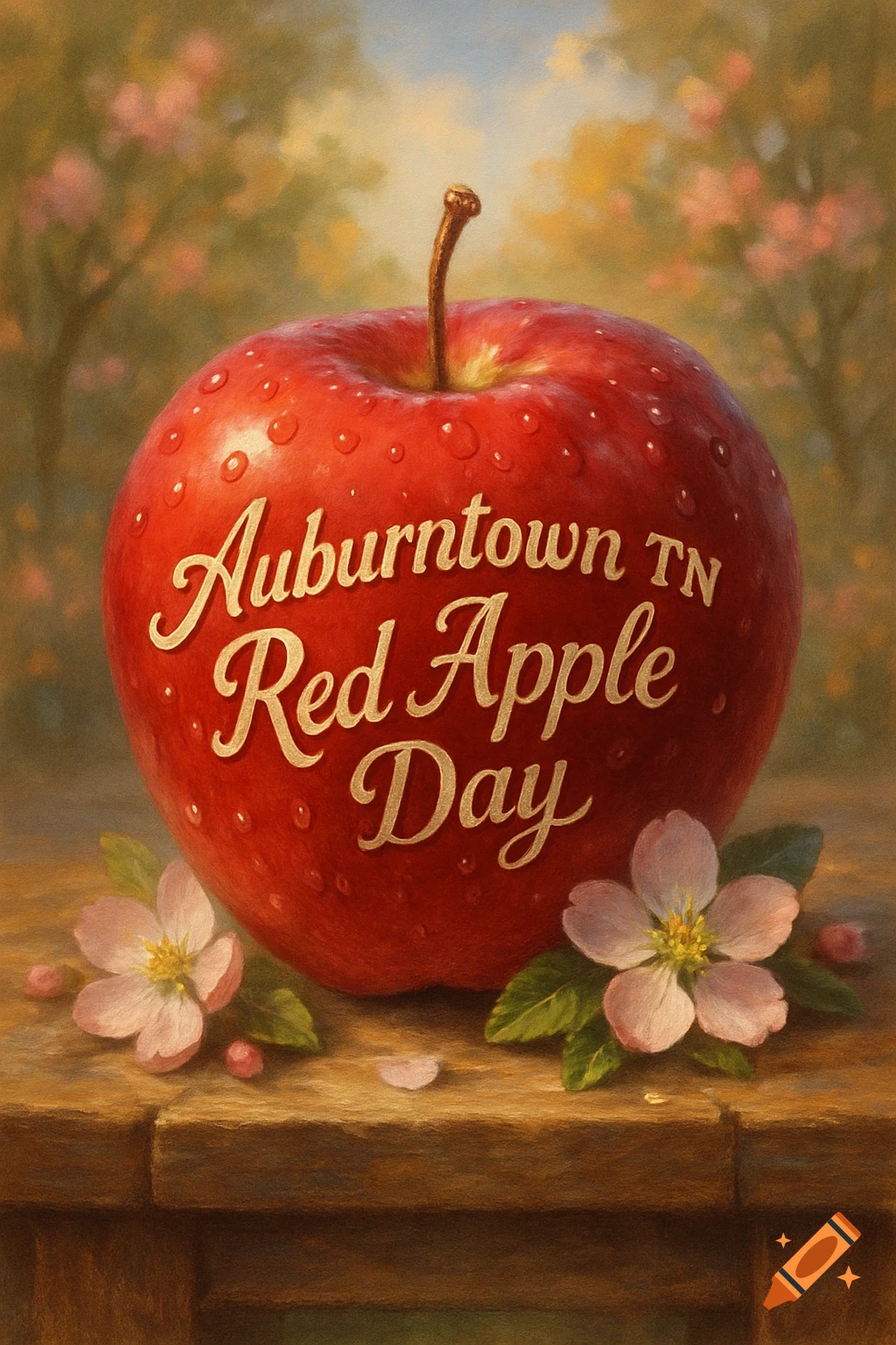 A painted red apple with 'Auburntown TN Red Apple Day' text and water droplets, accompanied by pink apple blossoms on a wooden surface.