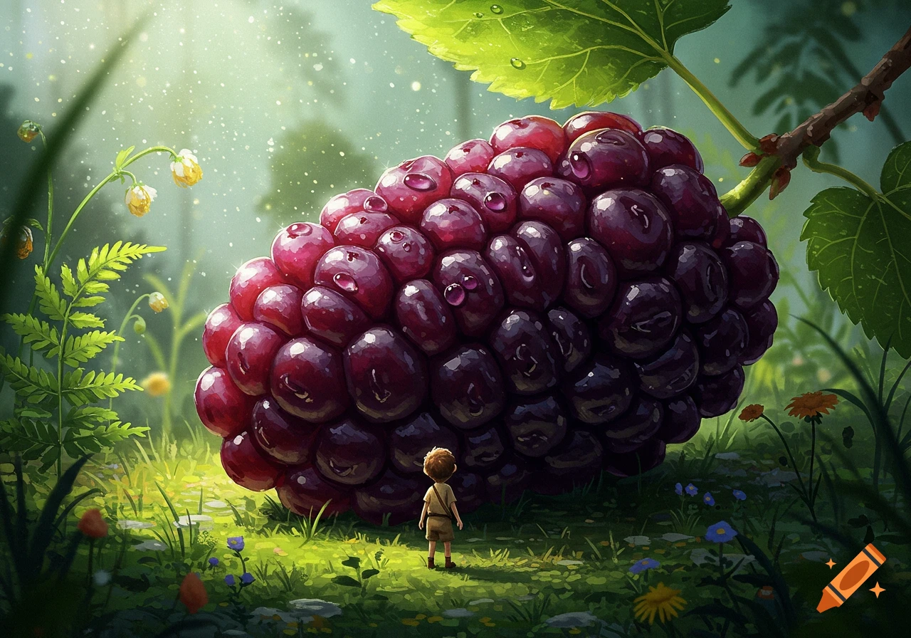 A tiny boy looks at a giant, dewy mulberry berry on a sun-dappled forest floor.