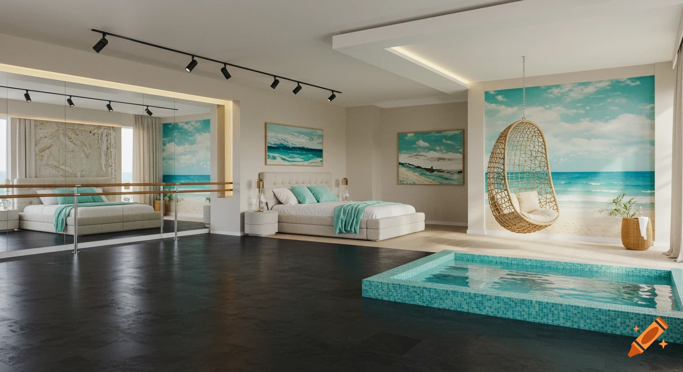 A large, modern bedroom with a black dance floor, ballet barre, beach mural, bed with teal accents, indoor pool, and hanging swing chair.