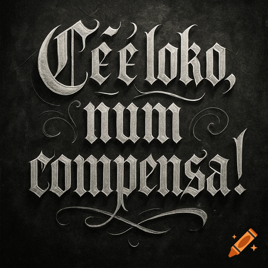Stylized gothic lettering of 'Cê é loko, num compensa!' in white, black, and gray tones with a textured background.