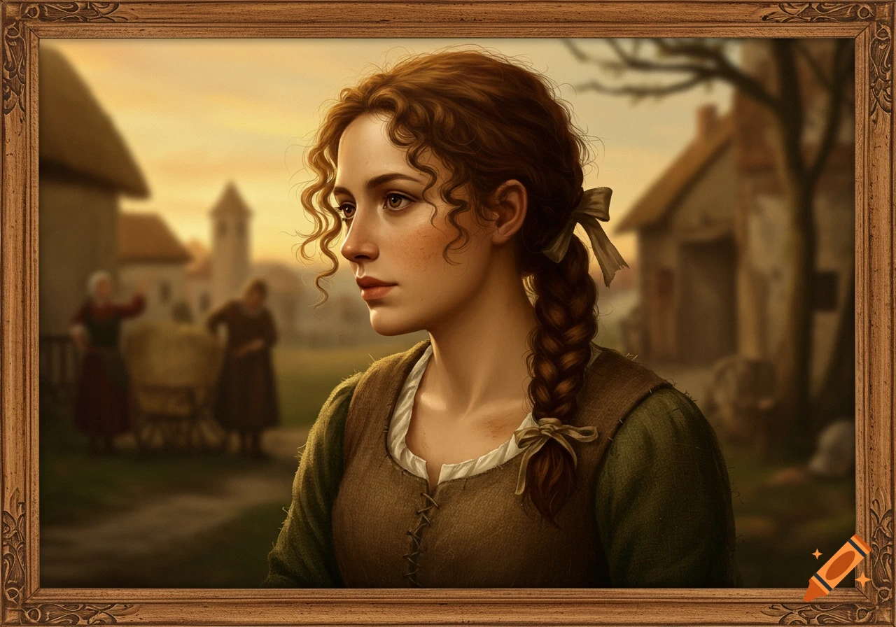 A portrait painting of a young woman with curly brown hair and a braid, in simple historical attire, looking left against a blurry village sunset background.