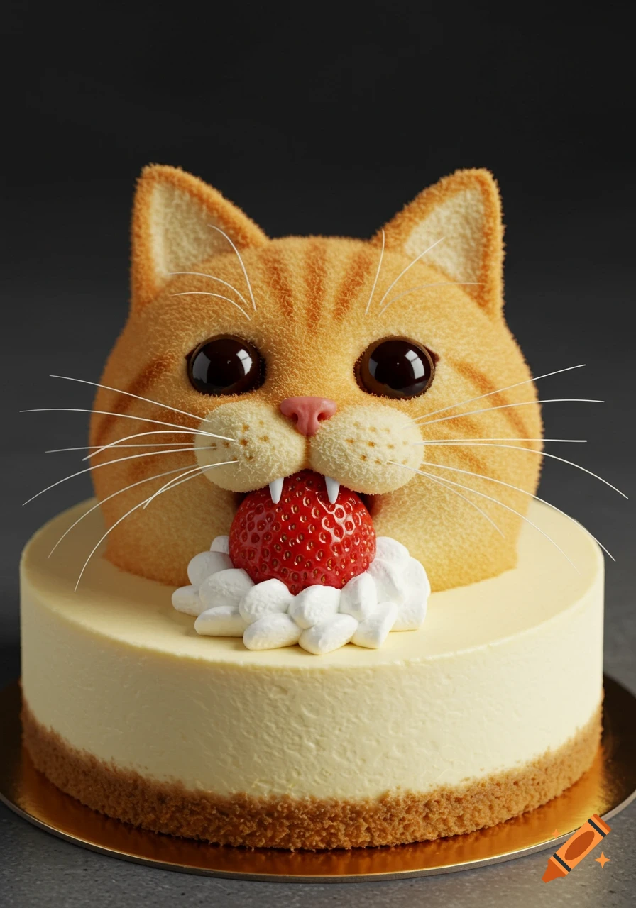 A photorealistic cheesecake shaped like a ginger cat's head, with black cherry eyes and fangs, biting a red strawberry with whipped cream.