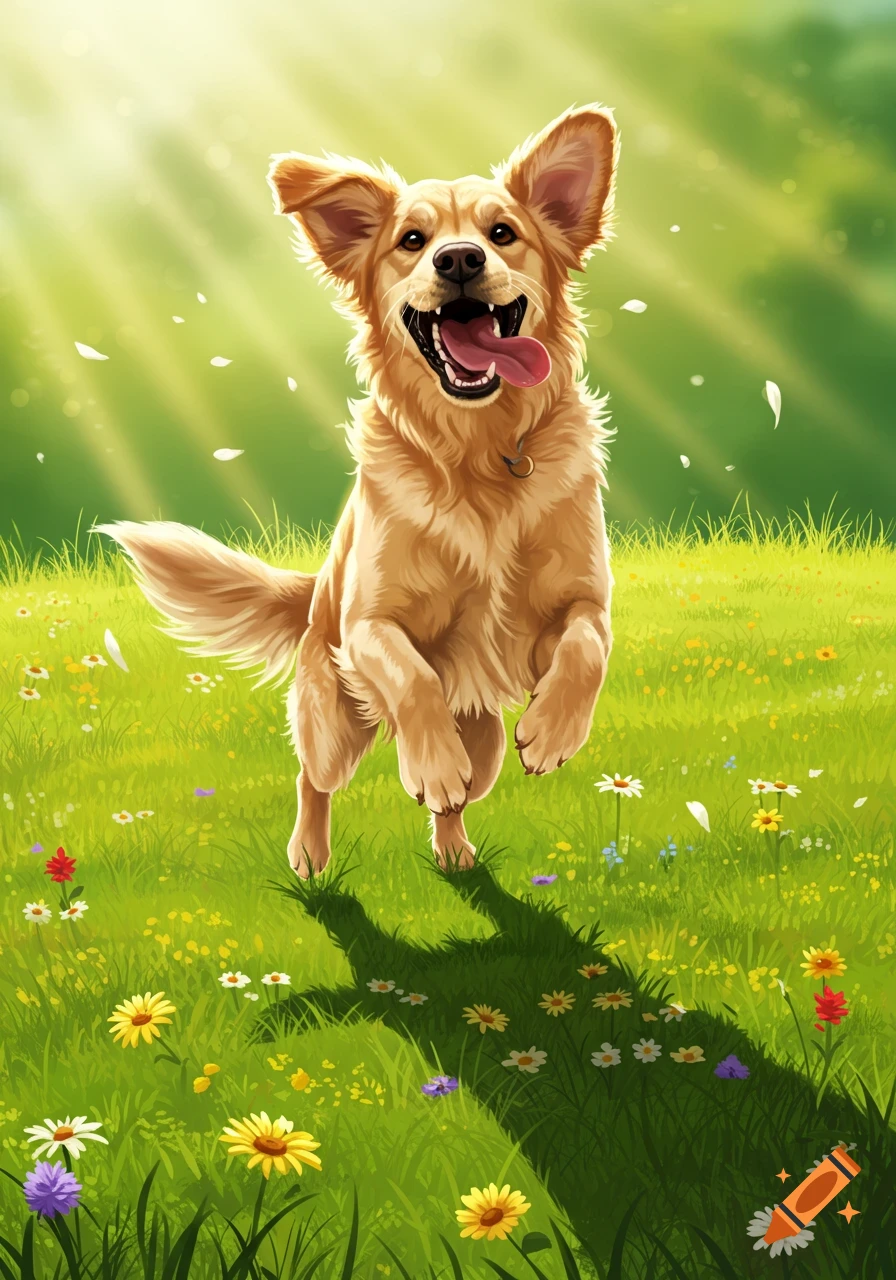 A happy golden retriever dog leaps through a sunny green field with wildflowers, rendered in an illustrative style.