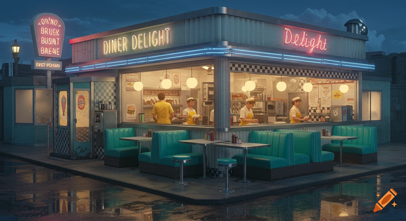 A stylized nighttime view of a retro diner with bright neon signs and teal booths inside, reflecting in a wet street.