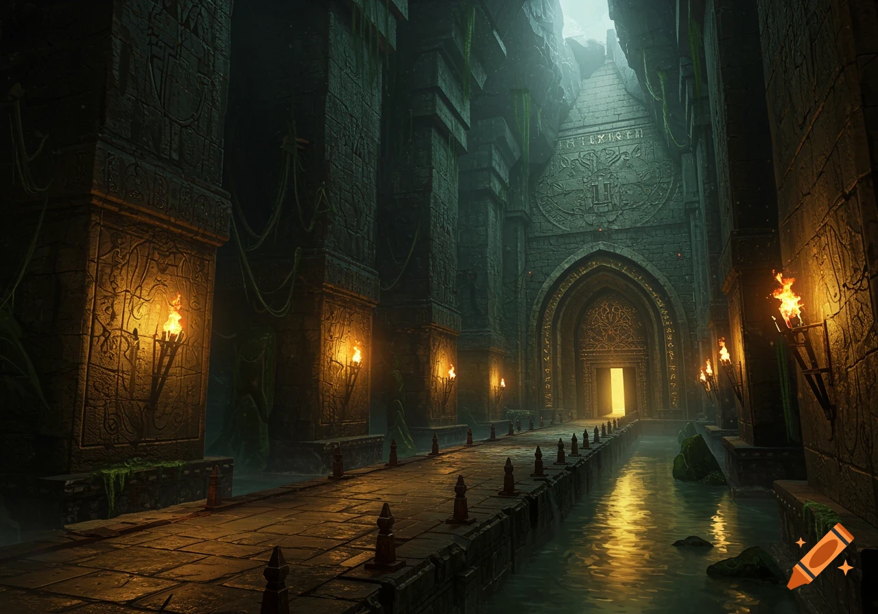 A dark, ancient stone dungeon interior lit by wall-mounted torches, with a watery path leading to a glowing archway.