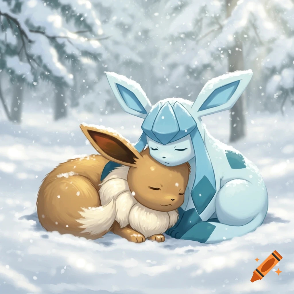 Eevee and Glaceon from Pok emon cuddle and sleep together in a snowy forest during a gentle snowfall, anime art style.
