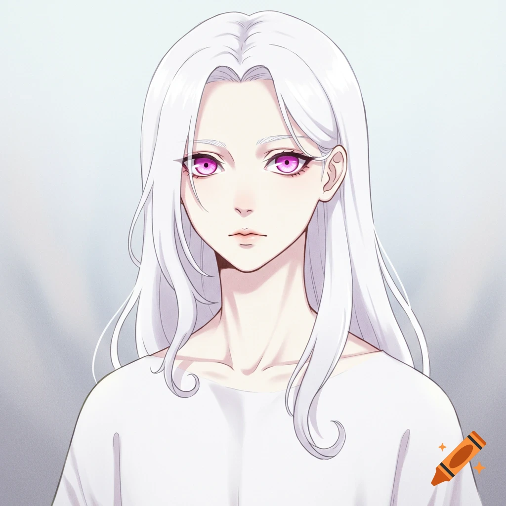An anime-style portrait of a young person with long white hair, pale skin, and striking hot pink eyes, wearing a simple white shirt.