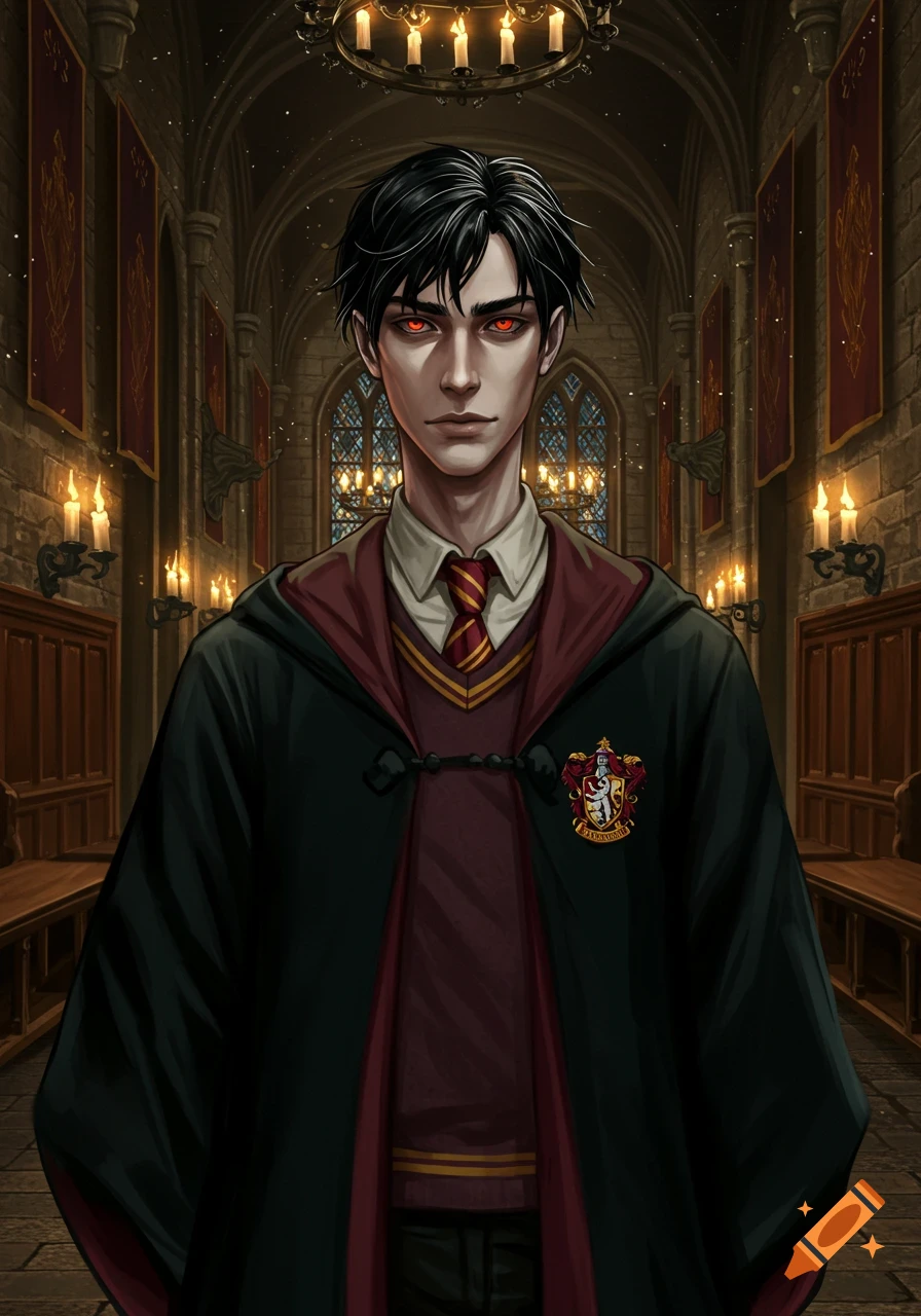 A stylized anime-like male character with black hair and glowing red eyes wears Gryffindor robes in a candlelit Hogwarts hallway.