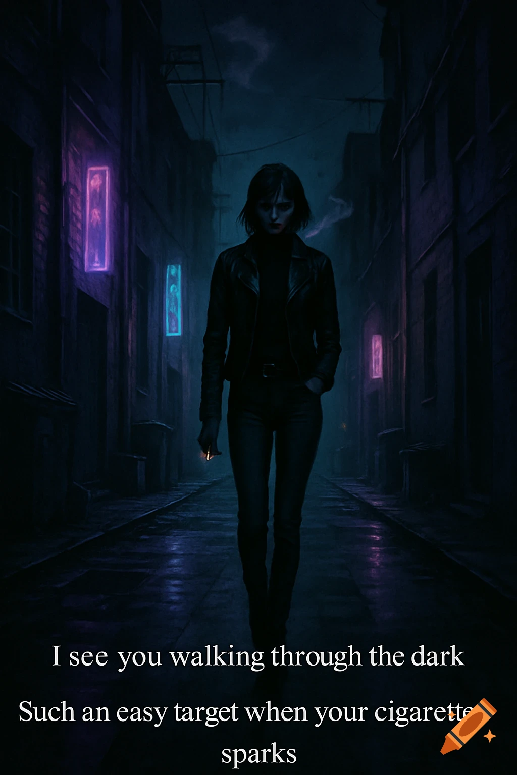 A woman walks down a dark, narrow alley at night, lit by neon signs. Text overlays the image.