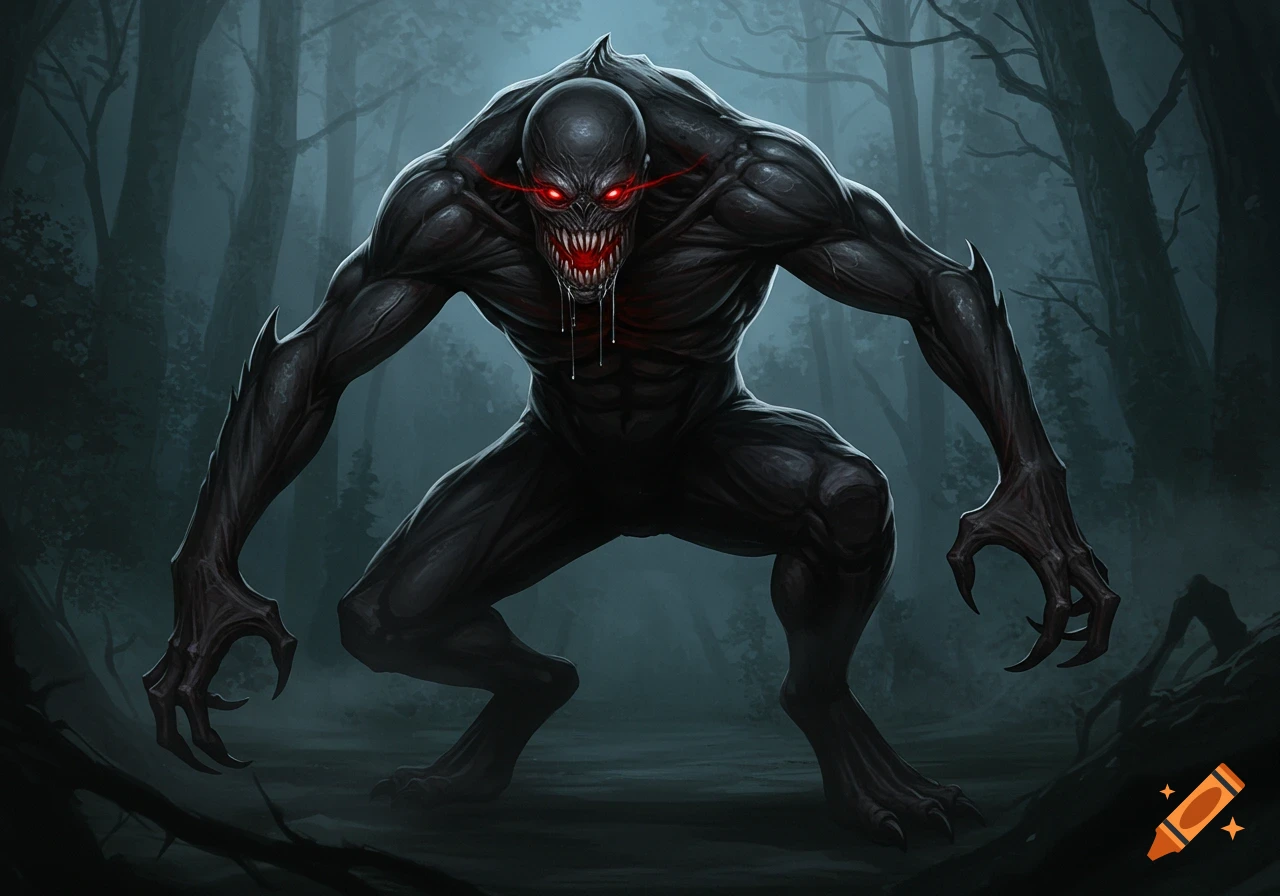 A menacing black monster with glowing red eyes and sharp teeth crouches in a dark, misty forest.