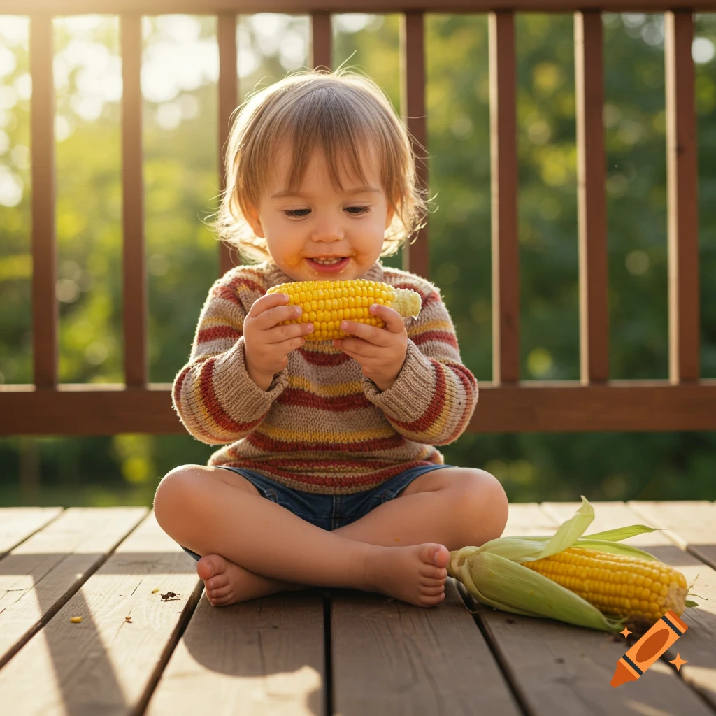 A happy toddler sits cross-legged on a wooden deck, smiling with corn on the cob in hand, another cob nearby, in golden sunlight.
