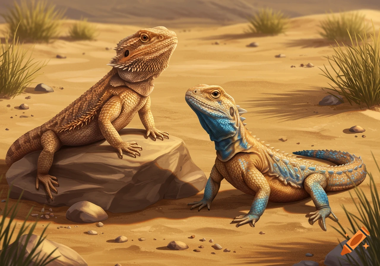 A tan bearded dragon sits on a rock next to a blue and tan lizard on the sand in a desert scene.