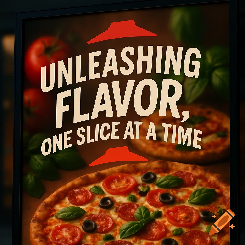 A photorealistic pizza advertisement poster featuring two pizzas, tomatoes, basil, and the slogan 'UNLEASHING FLAVOR, ONE SLICE AT A TIME'.