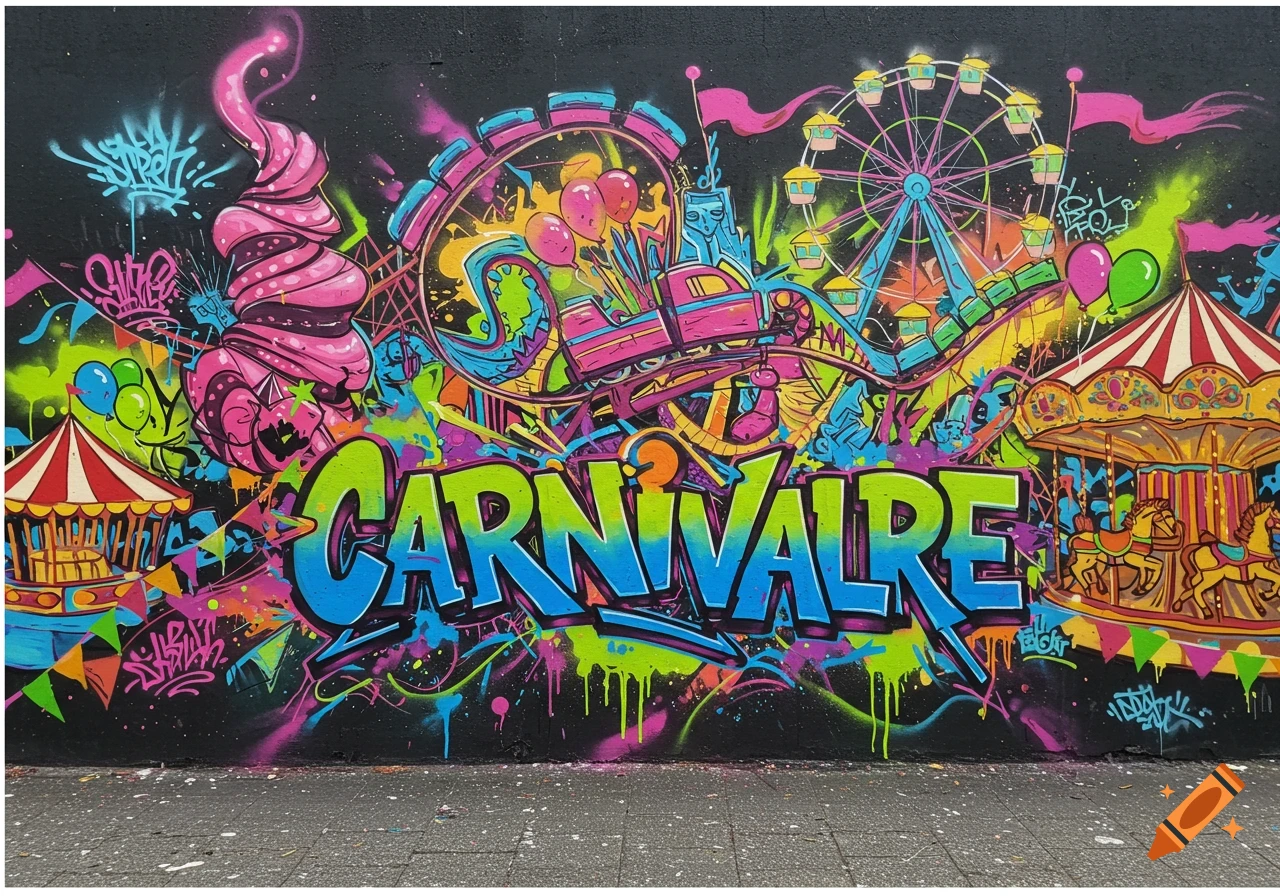 A vibrant and colorful graffiti mural depicting a carnival scene with a ferris wheel, roller coaster, carousel, and the stylized word "CARNIVALRE" in bright green and blue.