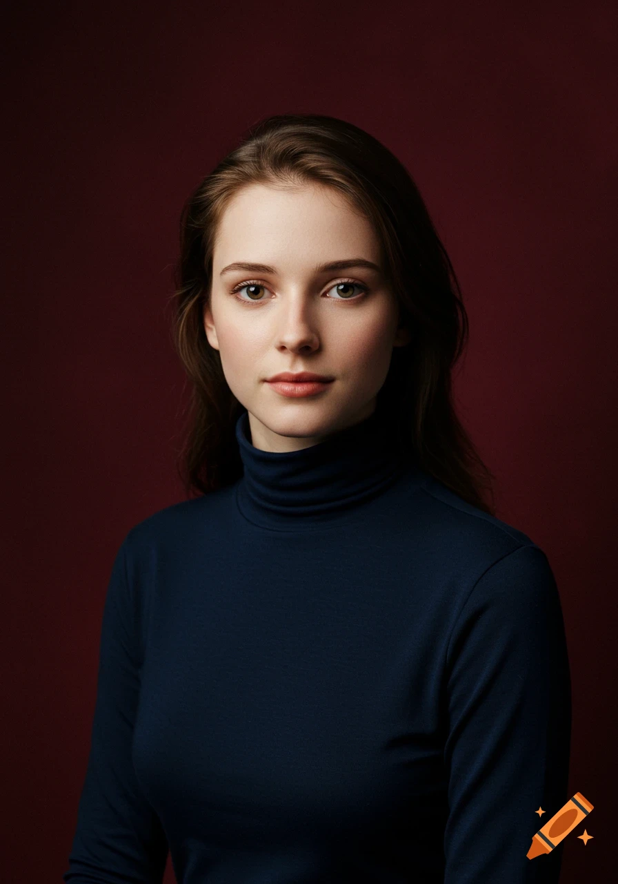 A young woman with brown hair in a dark blue turtleneck shirt looks at the viewer in a studio portrait against a maroon backdrop.
