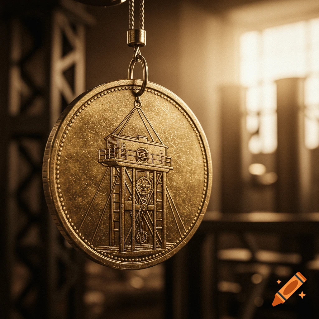 A detailed, sepia-toned coin featuring an embossed industrial lift station, hanging in a dimly lit room.