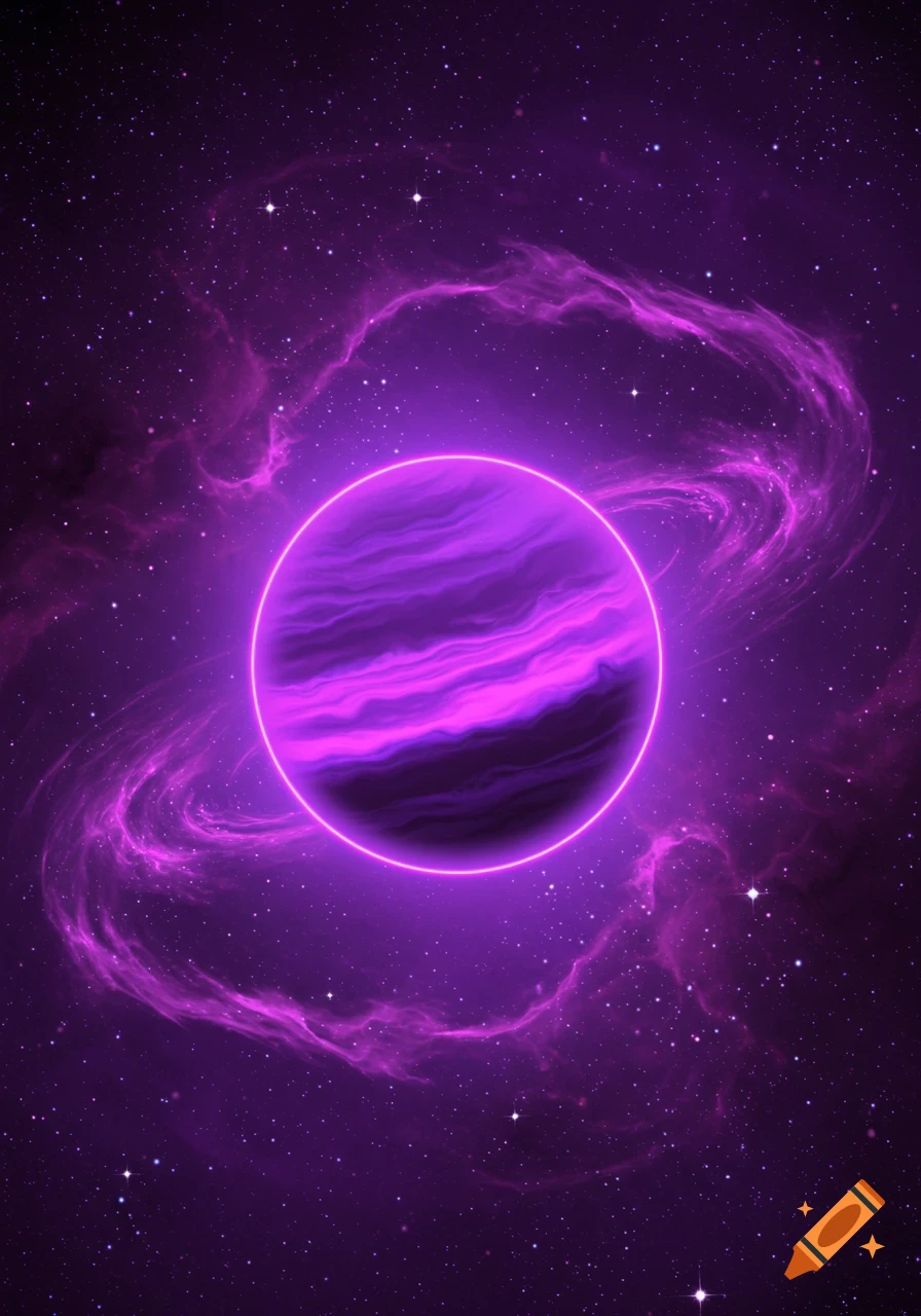 A neon purple planet with a bright pink glow and a swirling purple nebula in a starry galaxy.