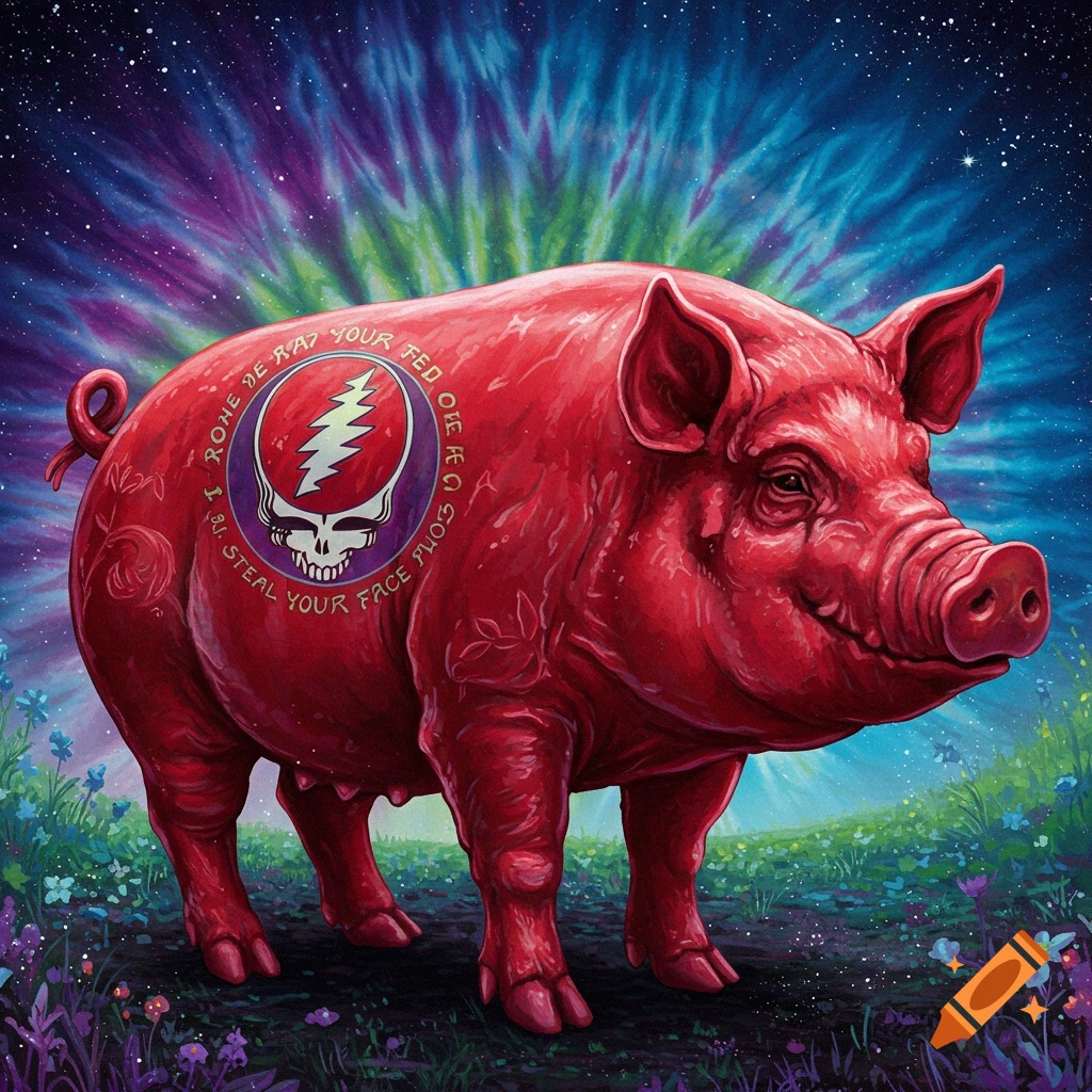 A vibrant red pig stands in a lush, surreal field of purple and green flowers, under a starry, tie-dye inspired sky. The pig has a Grateful Dead 'Steal Your Face' logo on its side.
