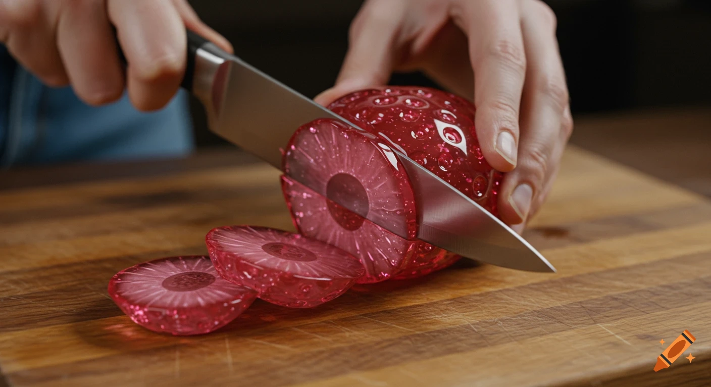 A hand uses a knife to slice a highly detailed, pink glass strawberry sculpture on a wooden cutting board, with two slices already cut.