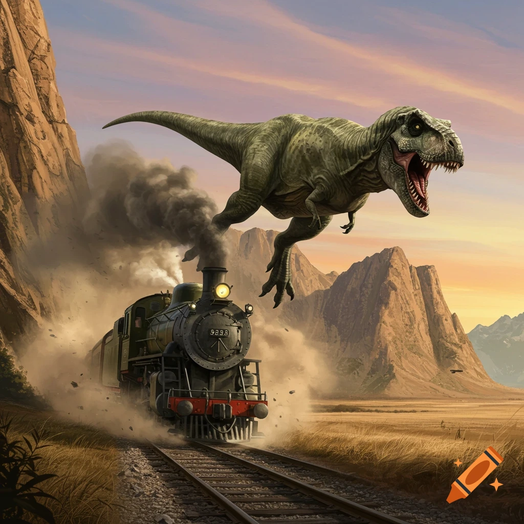 A giant green T-Rex leaps over a steaming train moving through a vast, dusty plain with mountains at sunset.