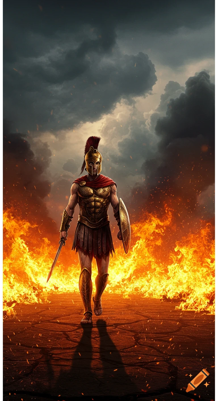 A dramatic image of a lone Greek warrior in golden armor walking through intense flames under a dark, stormy sky.