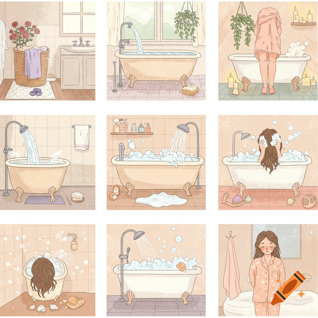 A 3x3 grid of cartoon-style illustrations depicting various steps of taking a bath, including filling the tub, washing hair, and drying off.