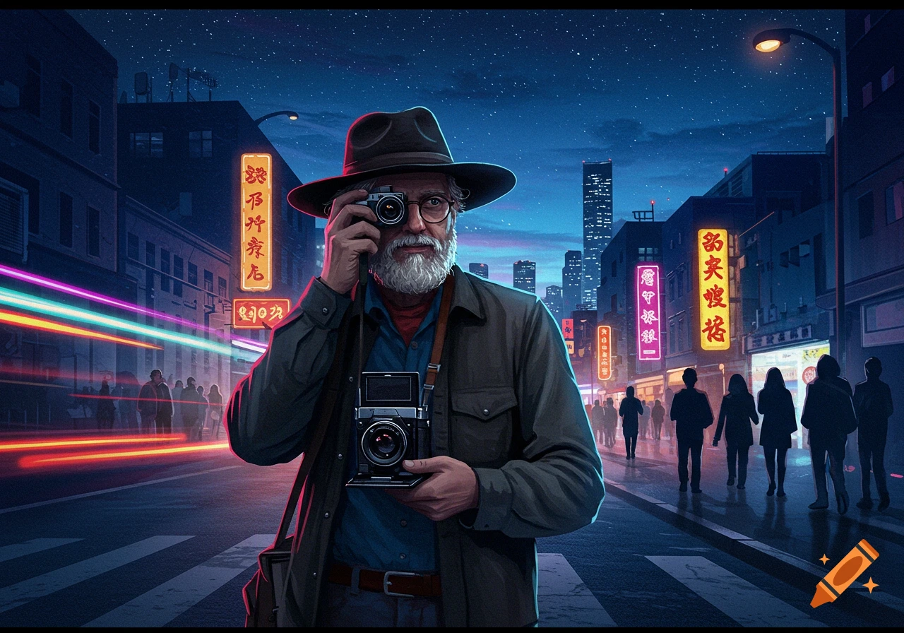 A bearded man in a hat holds a camera to his eye on a neon-lit city street at night.