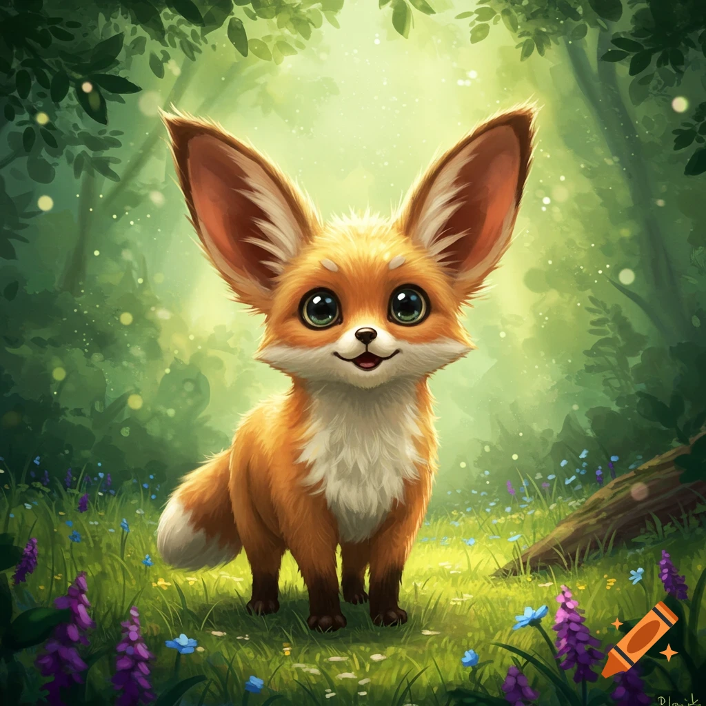 A cute, cartoon-style fox with big ears and large green eyes smiles in a magical, lush green forest with purple and blue flowers.