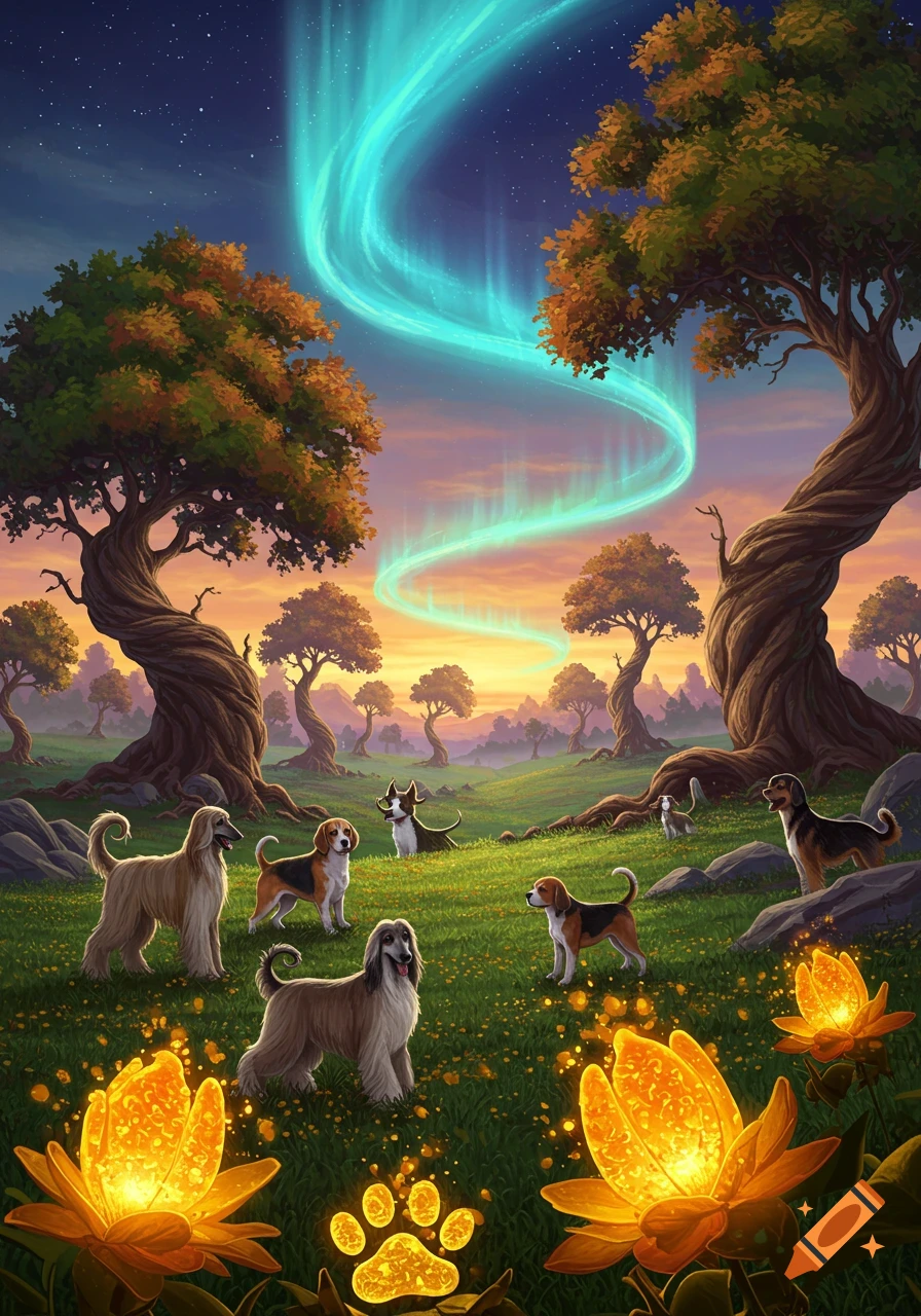 A colorful, fantastical landscape at dusk with various dog breeds, glowing orange flowers, and a bright blue aurora-like light in the sky. A glowing paw print is on the grass.