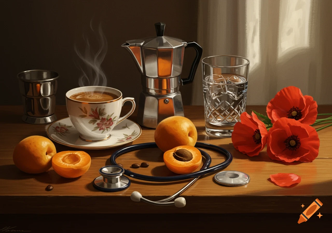Still life painting of a coffee cup, espresso maker, glass of water, apricots, red poppies, and a stethoscope on a wooden table.