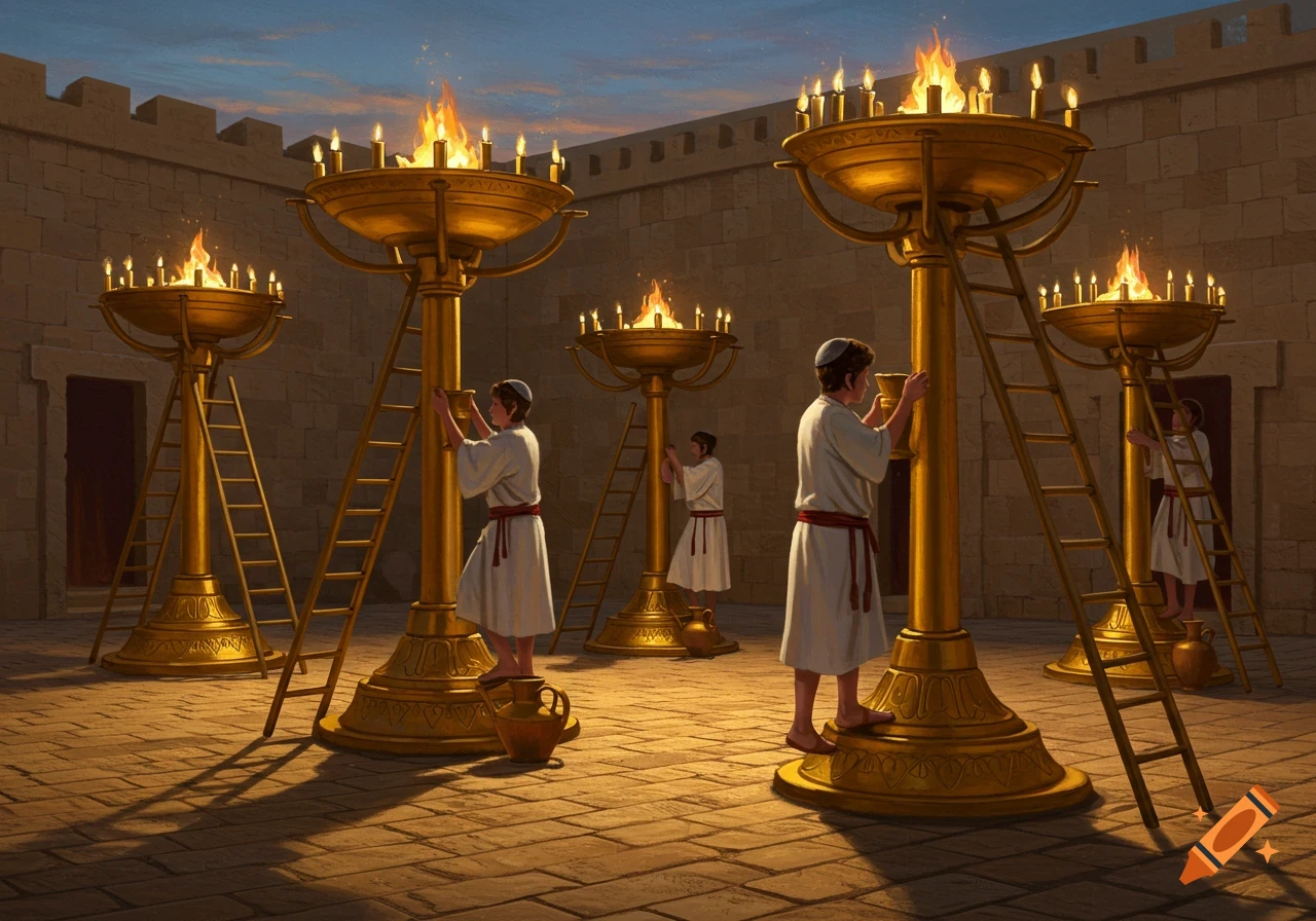 Young men in ancient robes tend to several large, ornate golden candelabras in a stone courtyard at dusk. They use ladders to reach the top where fires burn and pour oil from pitchers.