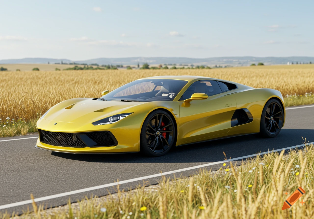 A yellow sports car on an asphalt road next to a golden wheat field under a blue sky.