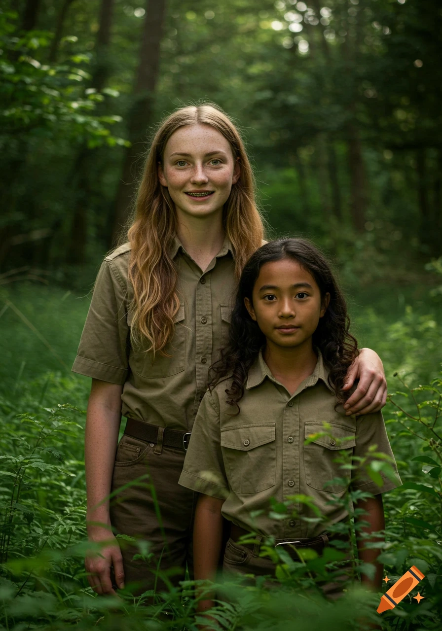 Two girls in khaki shirts stand in a lush green forest, one taller with braces and freckles, the other shorter. Photorealistic.