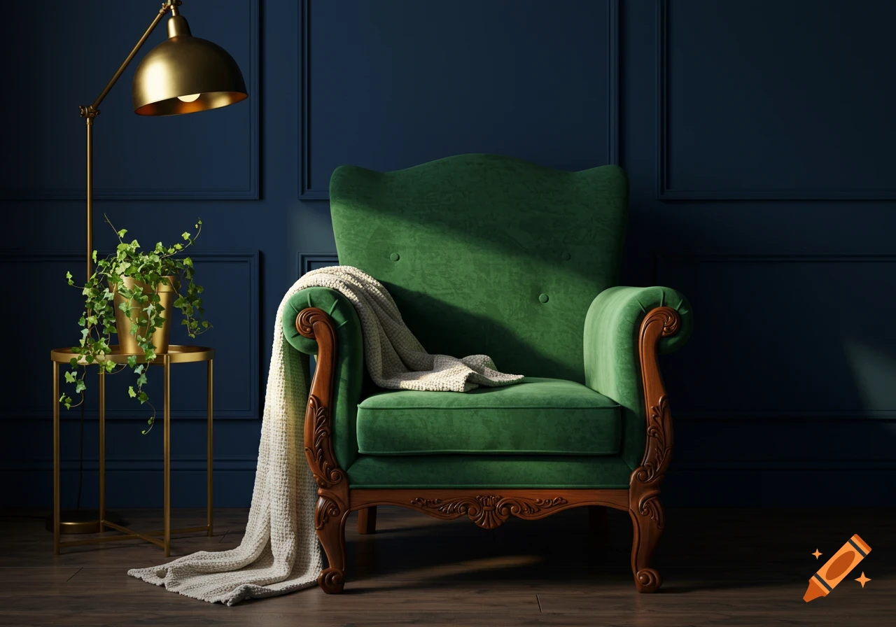 A photorealistic velvet green armchair with a white blanket, a gold floor lamp, and a potted plant, against a navy paneled wall.